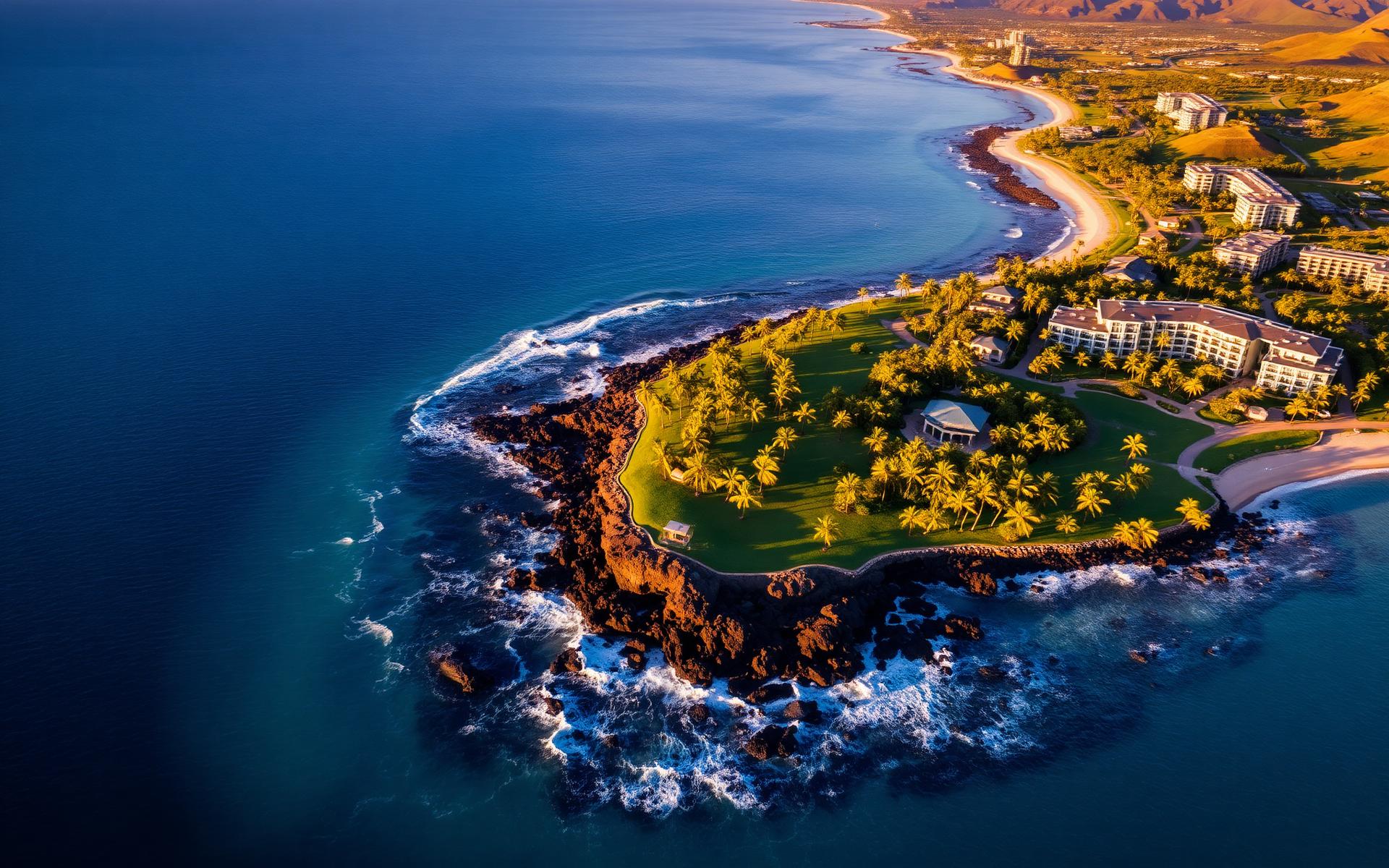 Aerial view of Wailea, Maui at golden hour